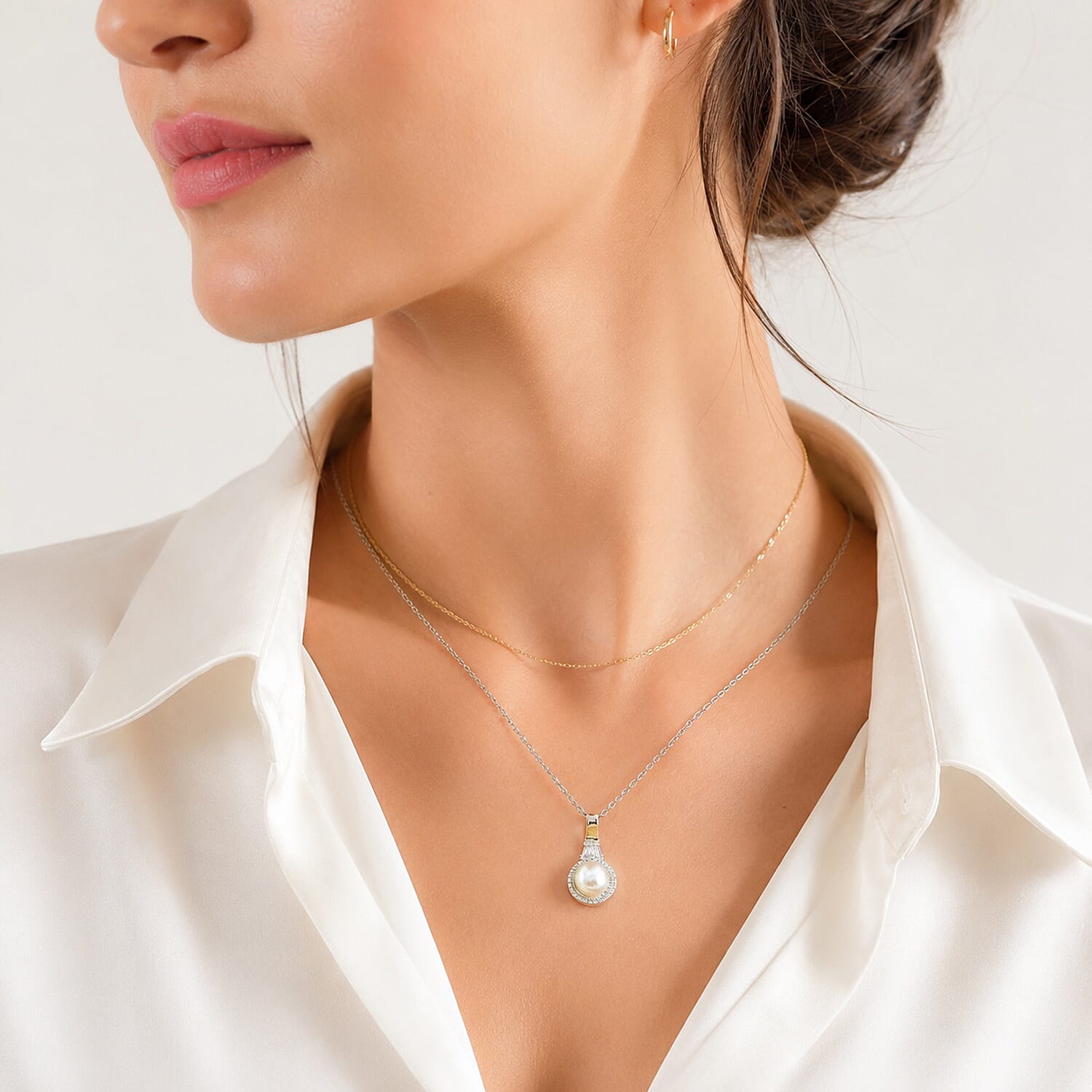 EverTrue Freshwater Pearl and Moissanite 0.20 ctw Pendant in Platinum Bond with Stainless Steel Necklace (20 Inches)