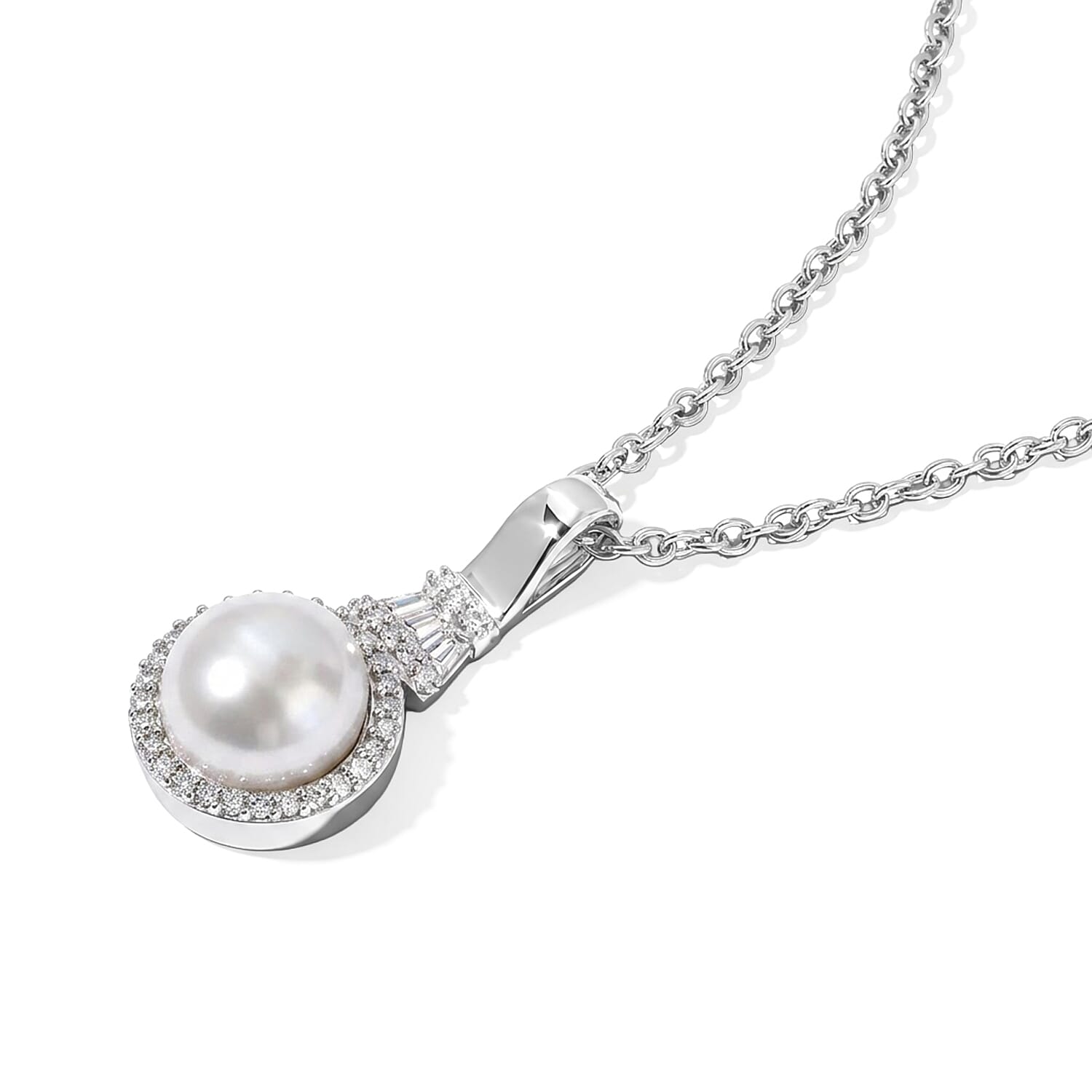 EverTrue Freshwater Pearl and Moissanite 0.20 ctw Pendant in Platinum Bond with Stainless Steel Necklace (20 Inches)