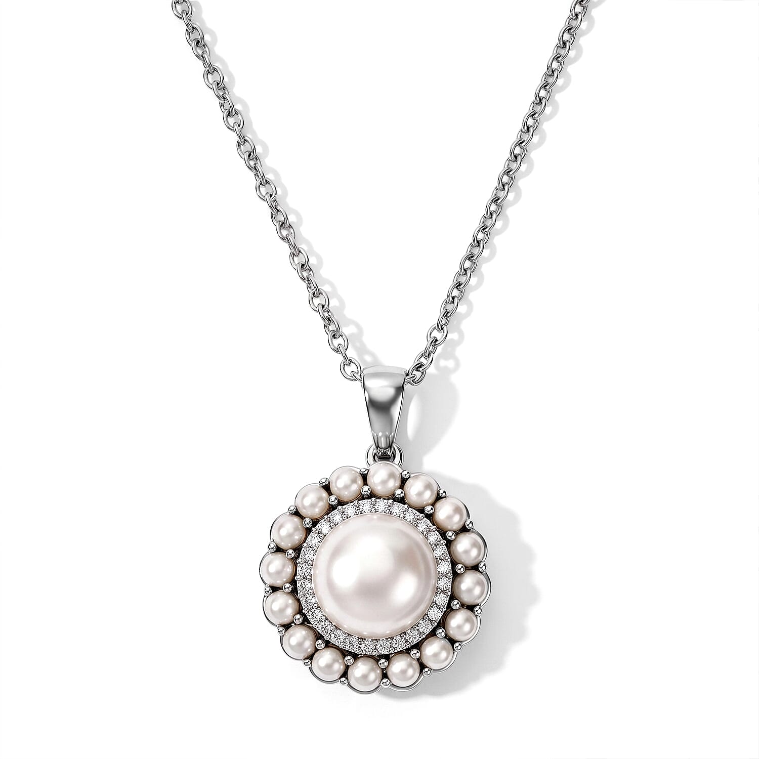 EverTrue Freshwater Pearl and White Zircon 0.25 ctw Pendant in Platinum Bond with Stainless Steel Necklace (20 inches)