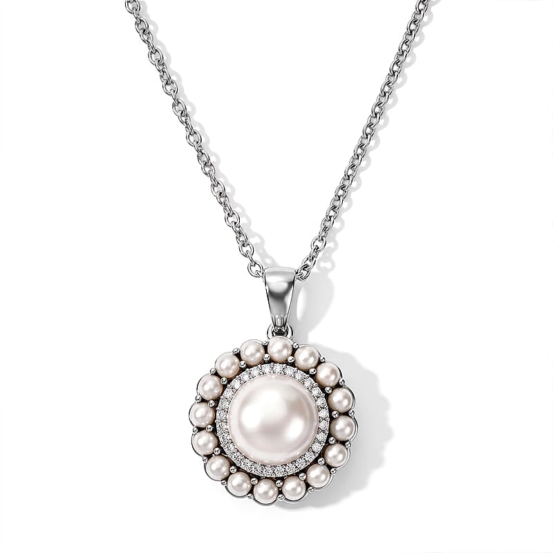 EverTrue Freshwater Pearl and White Zircon 0.25 ctw Pendant in Platinum Bond with Stainless Steel Necklace (20 inches)