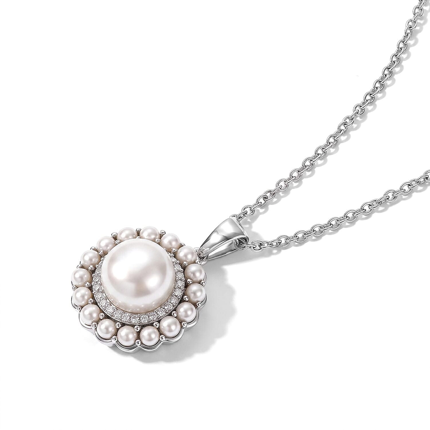 EverTrue Freshwater Pearl and White Zircon 0.25 ctw Pendant in Platinum Bond with Stainless Steel Necklace (20 inches)