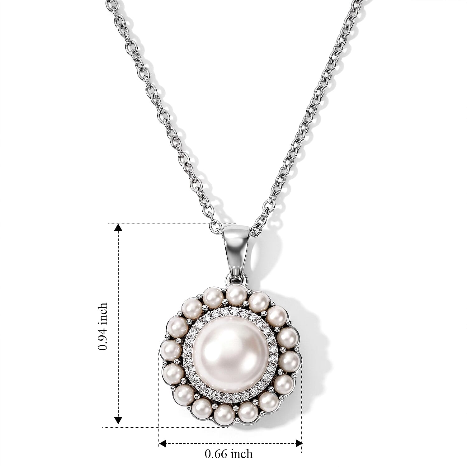 EverTrue Freshwater Pearl and White Zircon 0.25 ctw Pendant in Platinum Bond with Stainless Steel Necklace (20 inches)