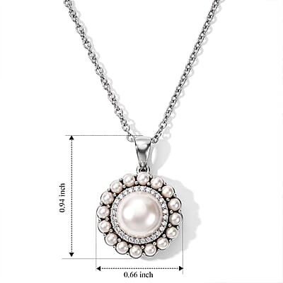 EverTrue Freshwater Pearl and White Zircon 0.25 ctw Pendant in Platinum Bond with Stainless Steel Necklace (20 inches)
