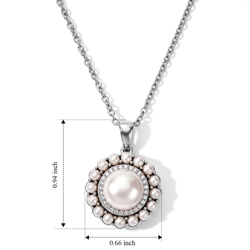 EverTrue Freshwater Pearl and White Zircon 0.25 ctw Halo Royale Pendant in Platinum Bond with Stainless Steel Necklace (20 inches)