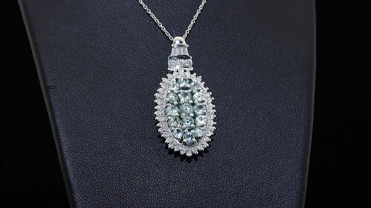 D'Joy Montana Sapphire, Moissanite Midnight Mosaic Pendant Necklace (20 Inches) in Rhodium Over Sterling Silver 3.60 ctw