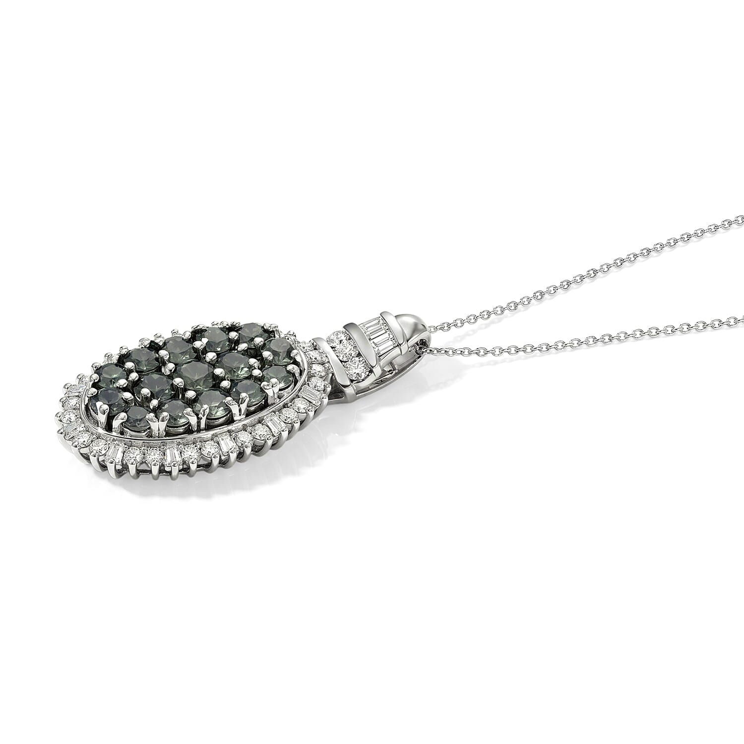 D'Joy Montana Sapphire and Moissanite 3.85 ctw Midnight Mosaic Pendant Necklace in Rhodium Over Sterling Silver 20 Inches