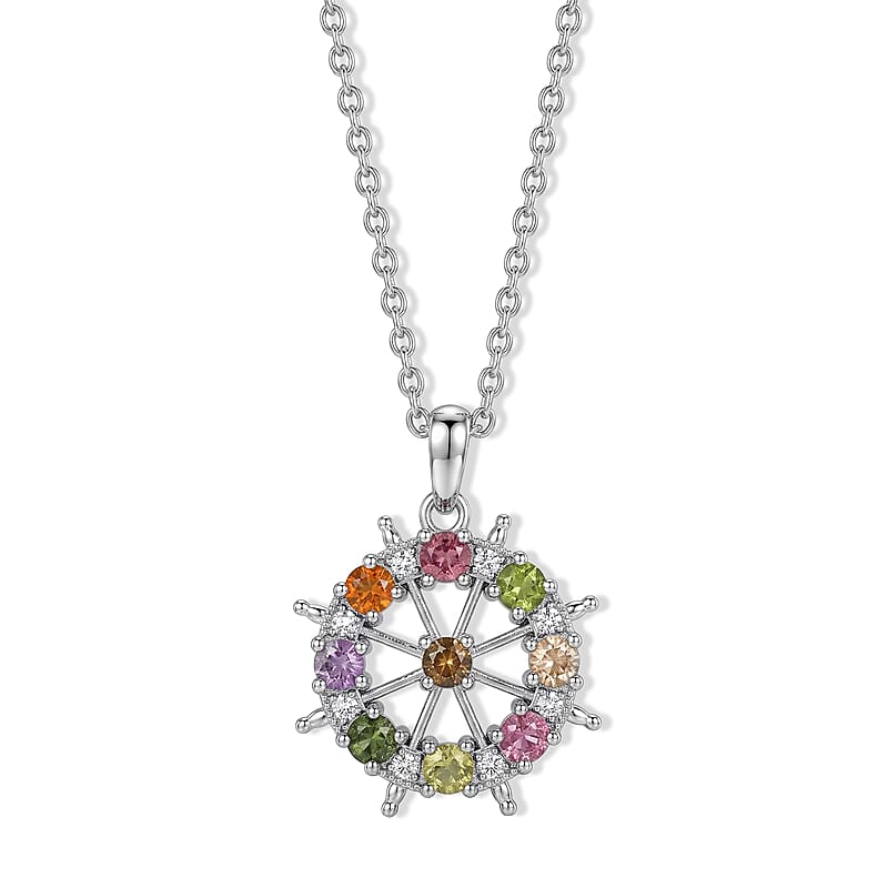 Multi Tourmaline and Simulated Diamond 3.00 ctw Pendant in Silvertone with Stainless Steel Necklace 20 Inches