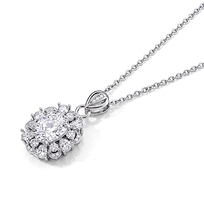 White Crystal Quartz and Simulated Diamond 10.00 ctw Pendant in Silvertone with Stainless Steel Necklace 20 Inches