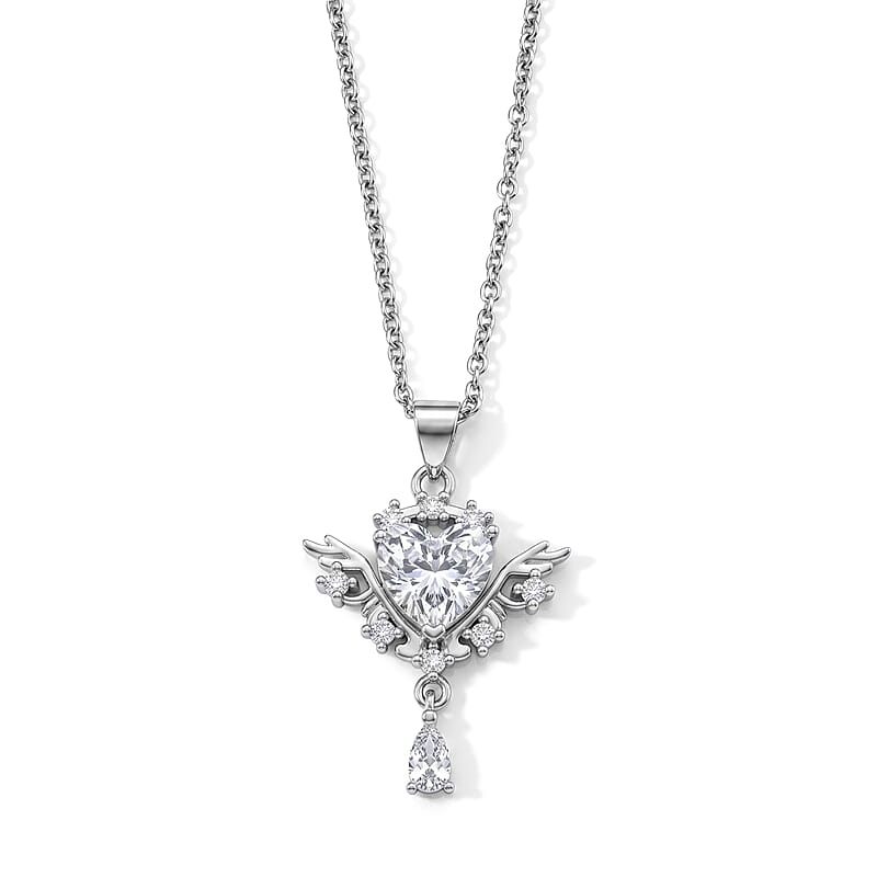 White Crystal Quartz and Simulated Diamond 8.00 ctw Pendant in Silvertone with Stainless Steel Necklace 20 Inches