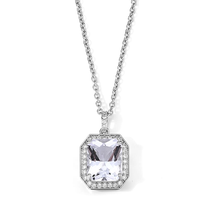White Crystal Quartz and Simulated Diamond 11.00 ctw Pendant in Silvertone with Stainless Steel Necklace 20 Inches
