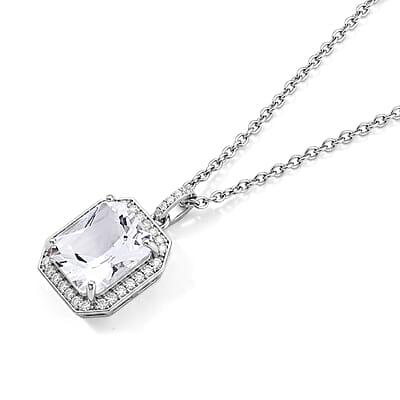 White Crystal Quartz and Simulated Diamond 11.00 ctw Pendant in Silvertone with Stainless Steel Necklace 20 Inches