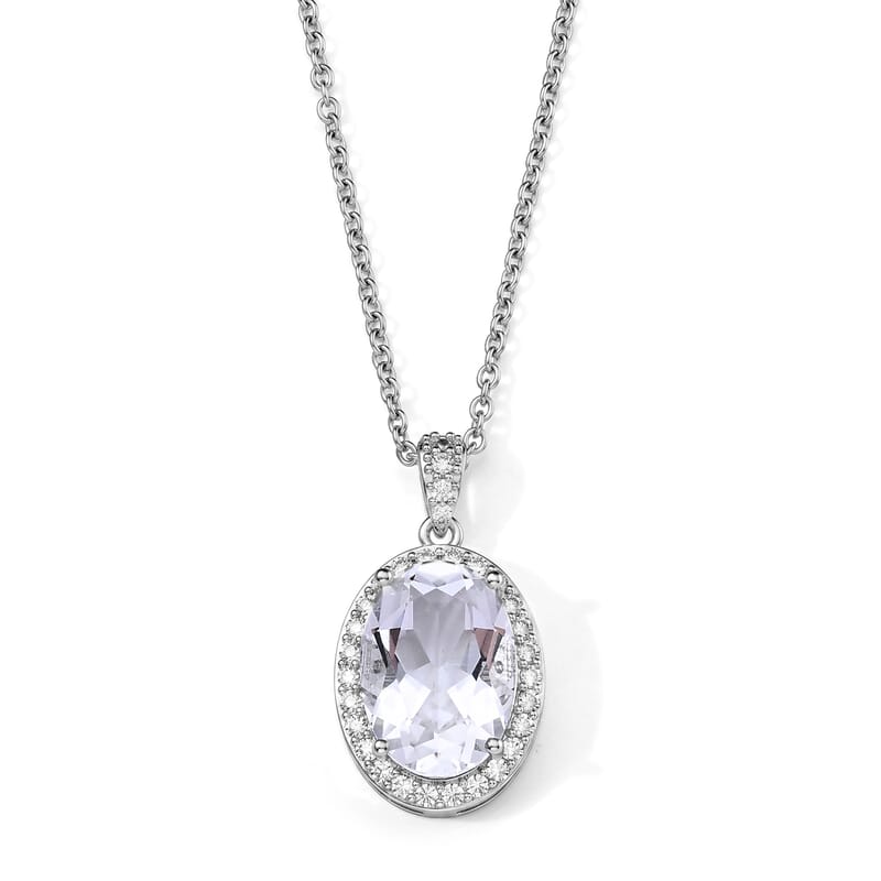 White Crystal Quartz and Simulated Diamond 11.00 ctw Pendant in Silvertone with Stainless Steel Necklace 20 Inches