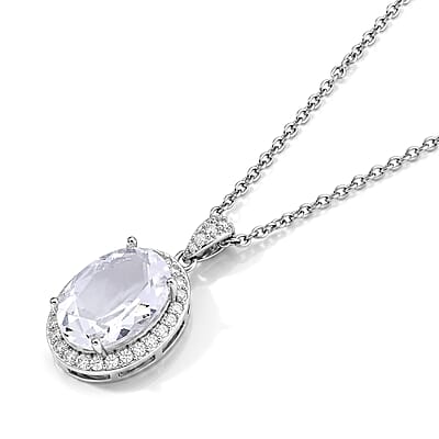 White Crystal Quartz and Simulated Diamond 11.00 ctw Pendant in Silvertone with Stainless Steel Necklace 20 Inches