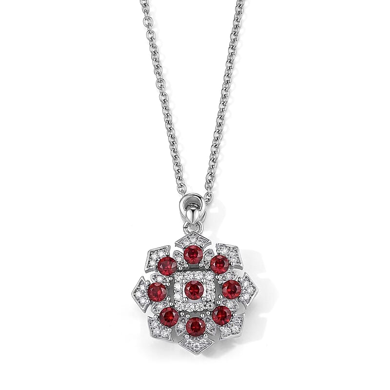 Mozambique Garnet and Simulated Diamond 14.00 ctw Pendant in Silvertone with Stainless Steel Necklace 20 Inches