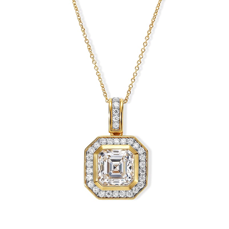 D'Joy Asscher Cut Moissanite 4.30 ctw Pendant Necklace in 18K Vermeil Yellow Gold Over Sterling Silver 20 Inches