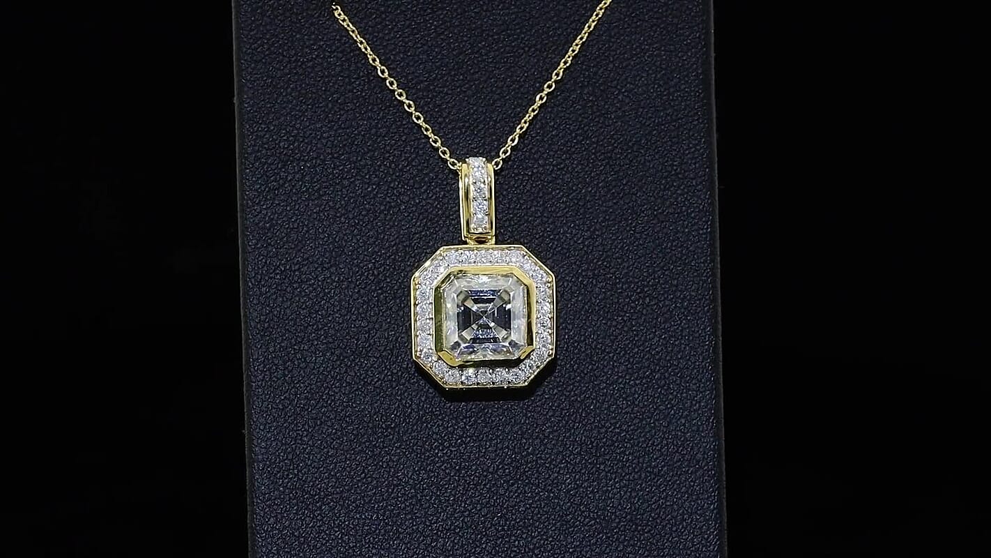 D'Joy Asscher Cut Moissanite (Oct 9x9mm) Pendant Necklace (20 Inches) in 18K Vermeil YG Over Sterling Silver 4.30 ctw