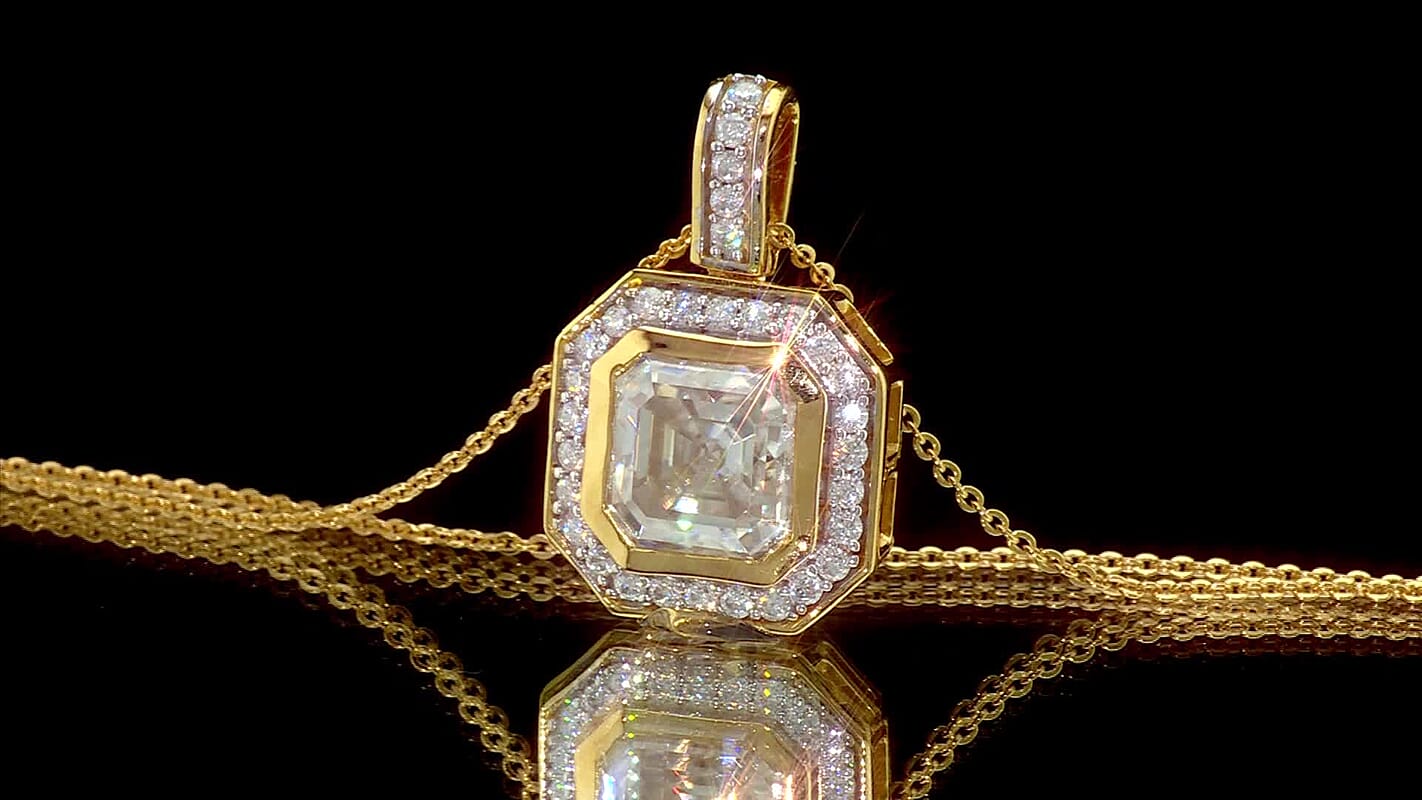 D'Joy Asscher Cut Moissanite (Oct 9x9mm) Pendant Necklace (20 Inches) in 18K Vermeil YG Over Sterling Silver 4.30 ctw