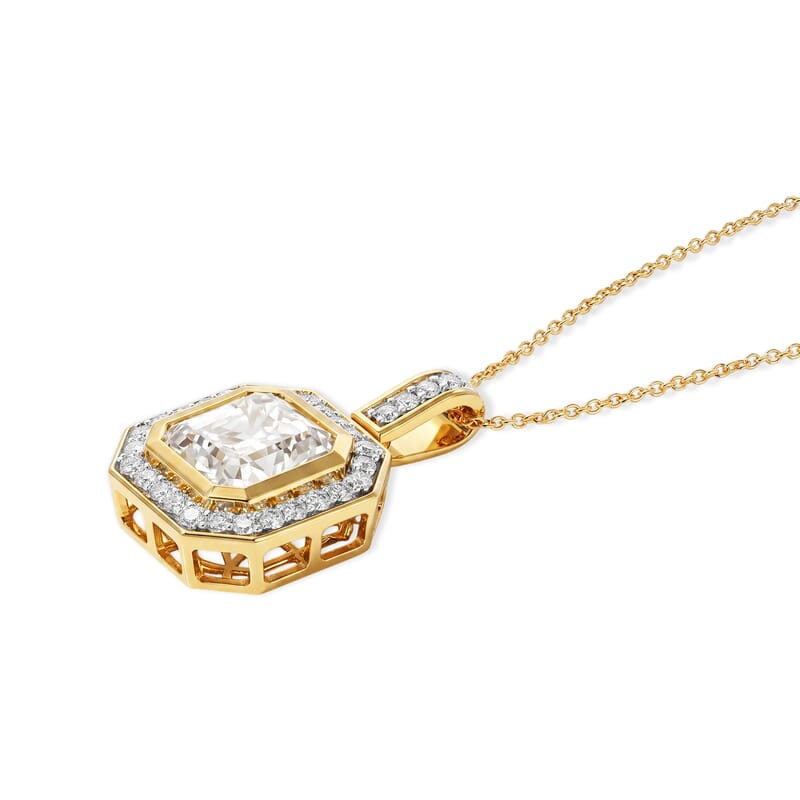 D'Joy Asscher Cut Moissanite 4.30 ctw Pendant Necklace in 18K Vermeil Yellow Gold Over Sterling Silver 20 Inches