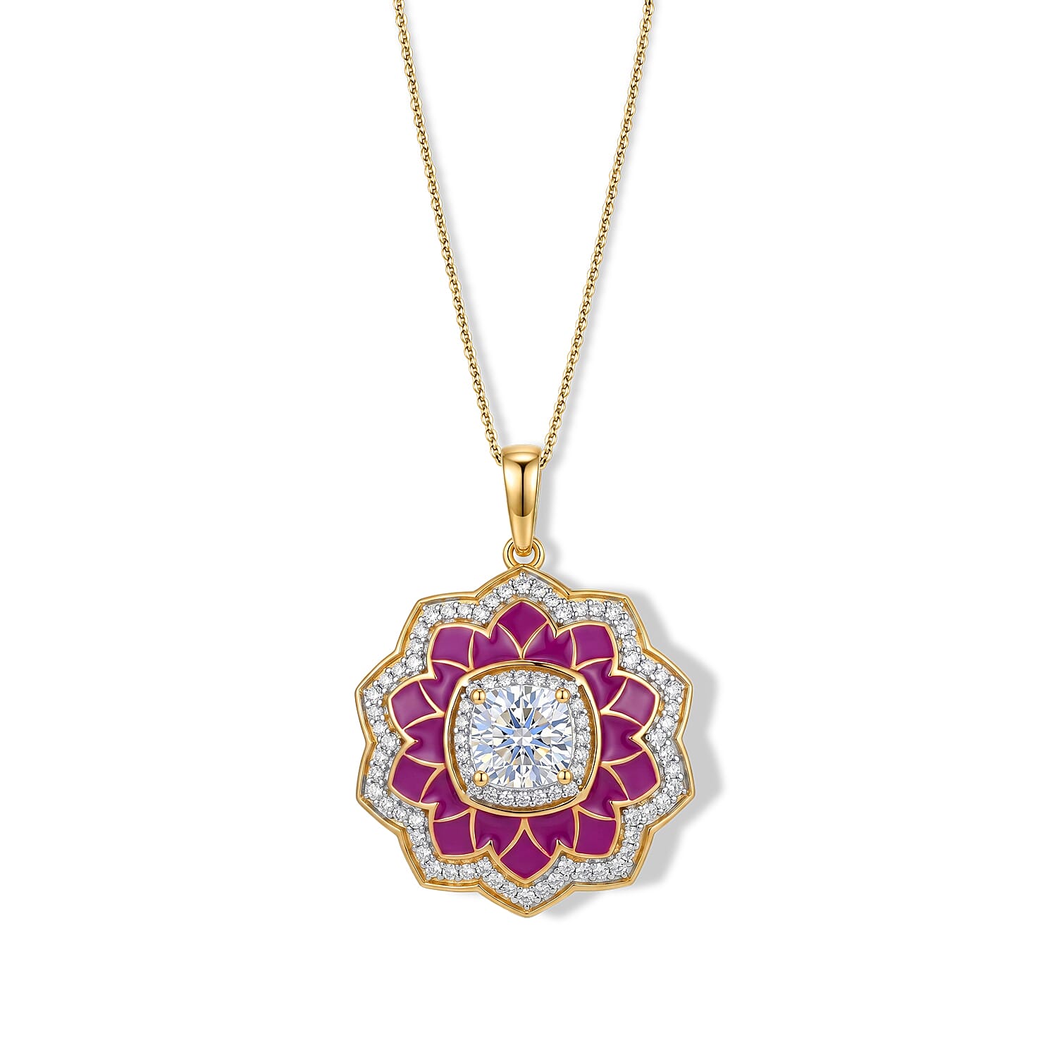 D'Joy Moissanite 2.20 ctw Enameled Lotus Flower Pendant Necklace in 18K Vermeil Yellow Gold Over Sterling Silver 20 Inches