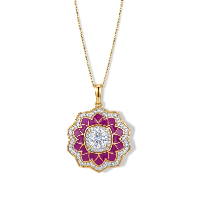 D'Joy Moissanite 2.20 ctw Enameled Lotus Flower Pendant Necklace in 18K Vermeil Yellow Gold Over Sterling Silver 20 Inches