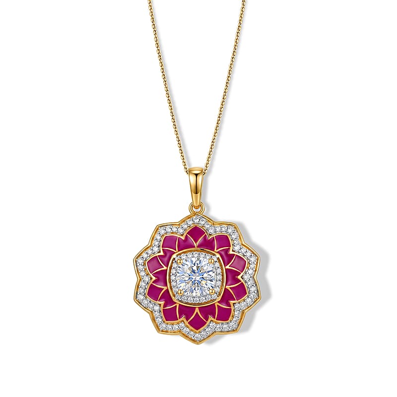 D'Joy Moissanite 2.20 ctw Enameled Lotus Flower Pendant Necklace in 18K Vermeil Yellow Gold Over Sterling Silver 20 Inches