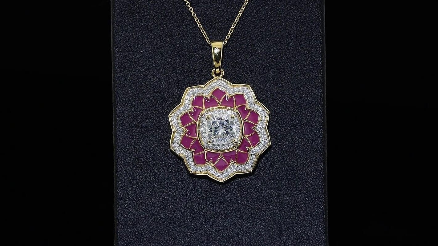D'Joy Moissanite (Cush 7x7mm) Enameled Lotus Flower Pendant Necklace (20 Inches) in 18K Vermeil YG Over Sterling Silver 2.20 ctw