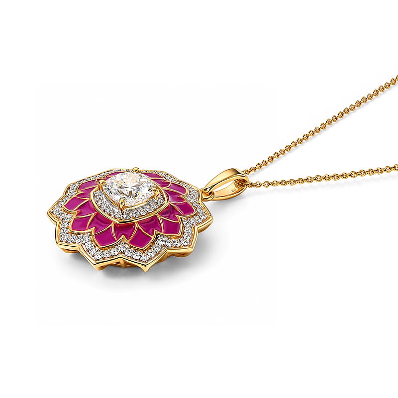 D'Joy Moissanite 2.20 ctw Enameled Lotus Flower Pendant Necklace in 18K Vermeil Yellow Gold Over Sterling Silver 20 Inches
