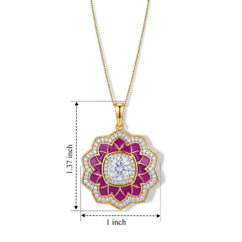 D'Joy Moissanite 2.20 ctw Enameled Lotus Flower Pendant Necklace in 18K Vermeil Yellow Gold Over Sterling Silver 20 Inches