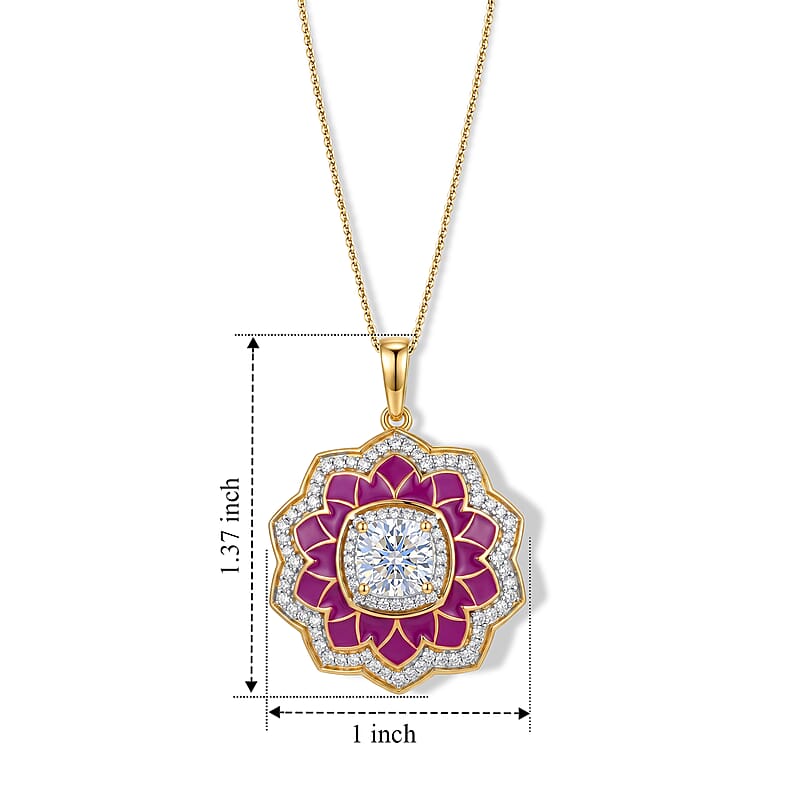 D'Joy Moissanite 2.20 ctw Enameled Lotus Flower Pendant Necklace in 18K Vermeil Yellow Gold Over Sterling Silver 20 Inches