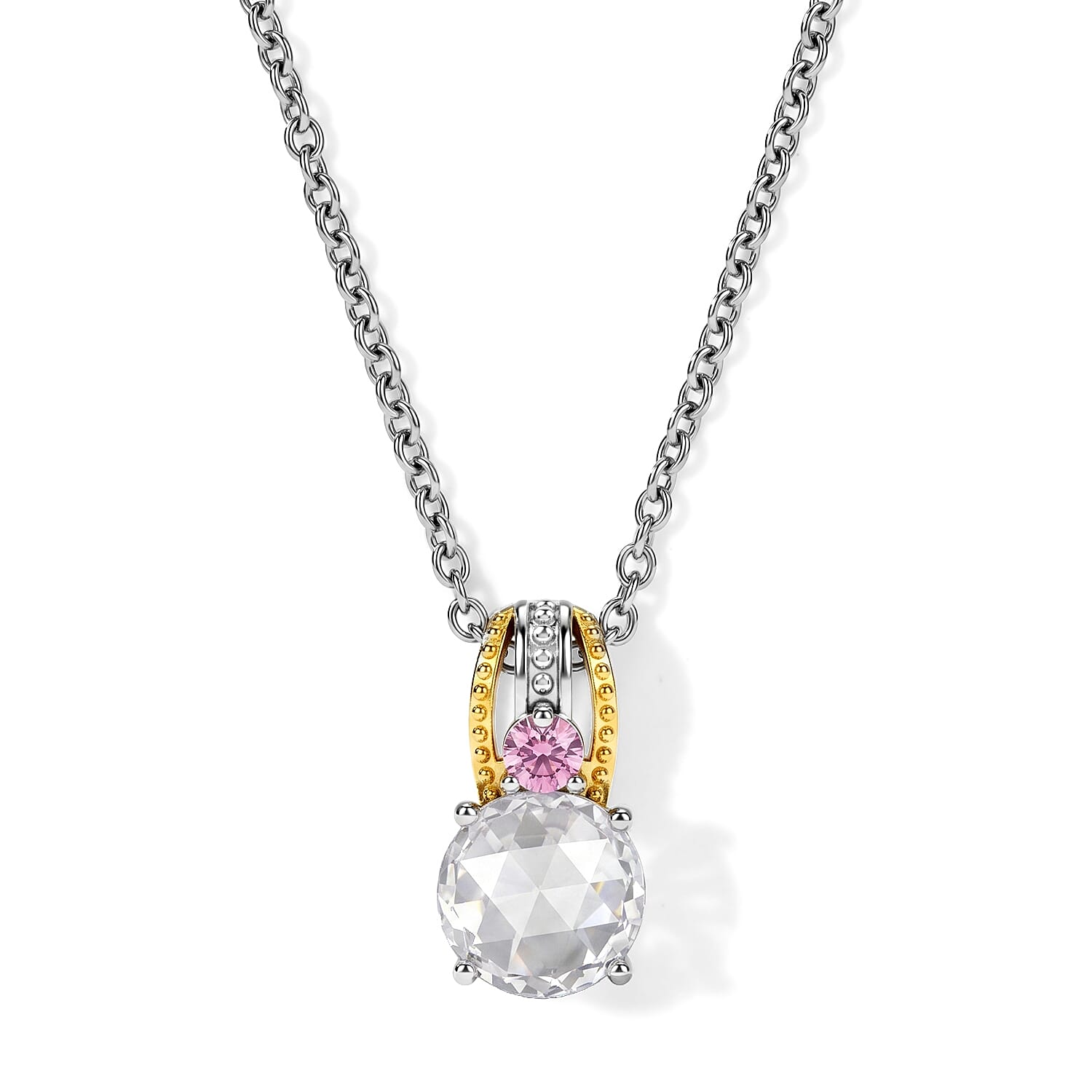 EverTrue Simulated White and Orchid Diamond Pendant in 18K YG Plated and Platinum Bond with Stainless Steel Necklace (20 inches)