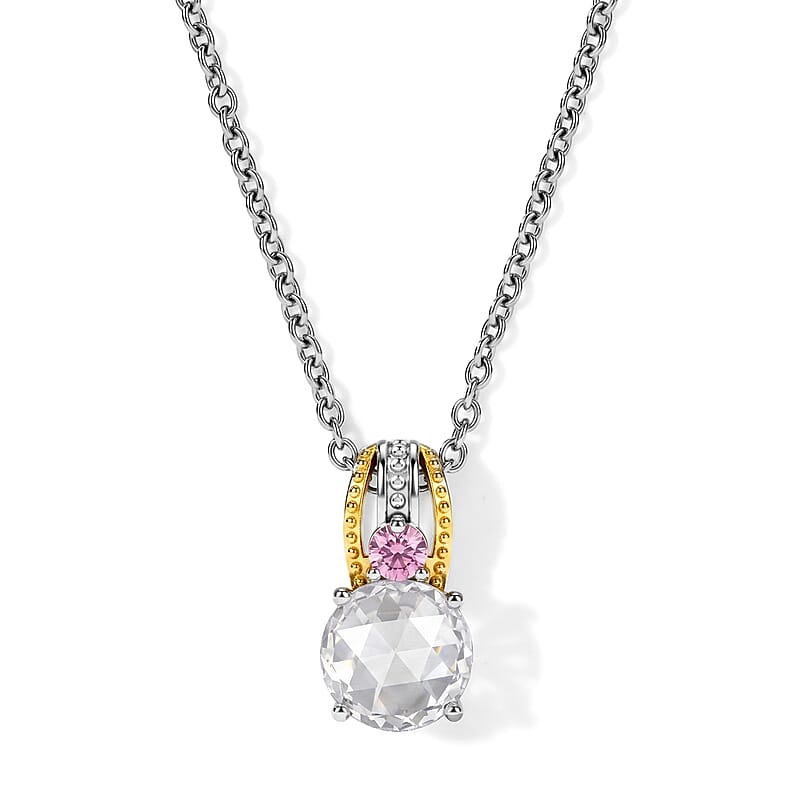 EverTrue Simulated White and Orchid Diamond Pendant in 18K YG Plated and Platinum Bond with Stainless Steel Necklace (20 inches)