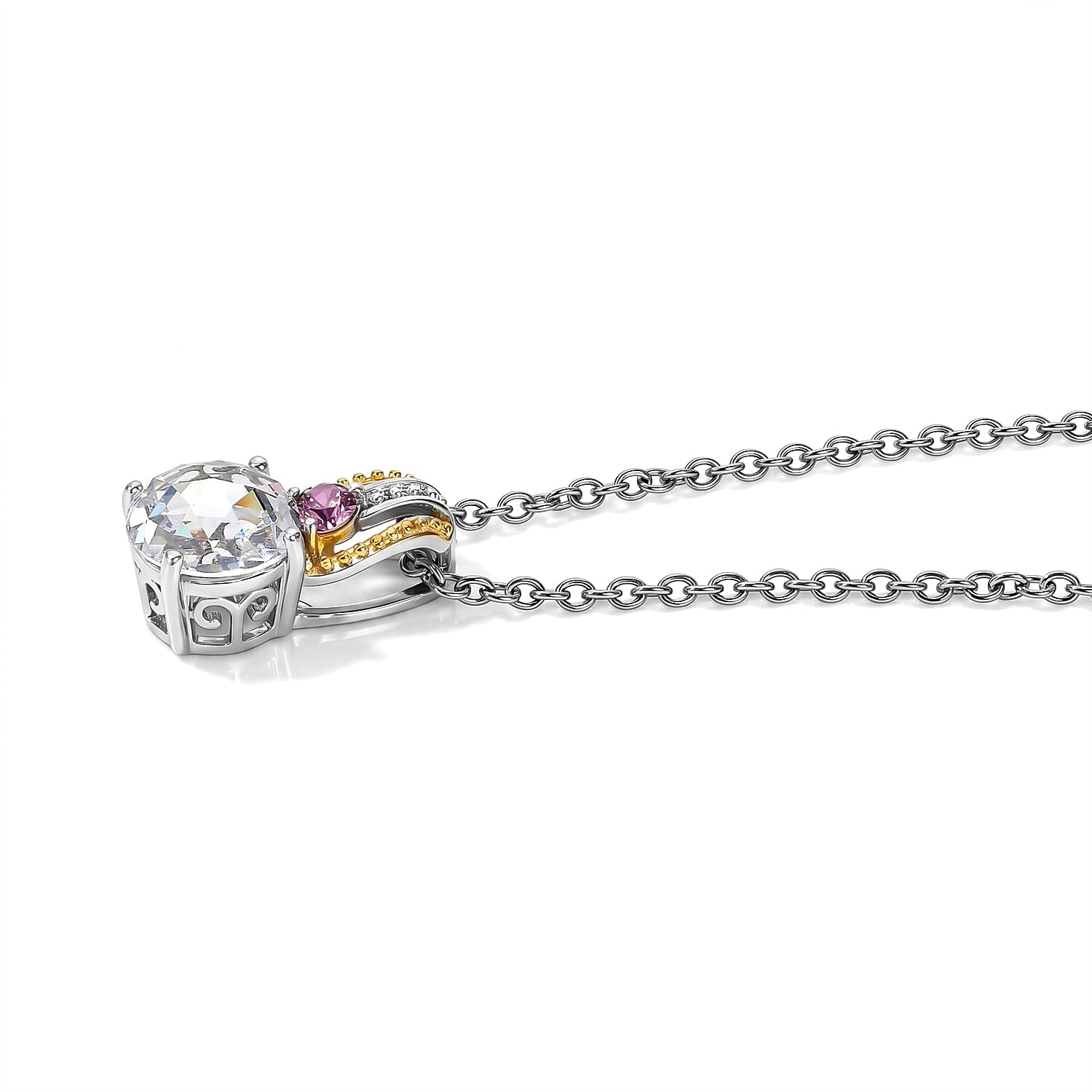 EverTrue Simulated White and Orchid Diamond Pendant in 18K YG Plated and Platinum Bond with Stainless Steel Necklace (20 inches)