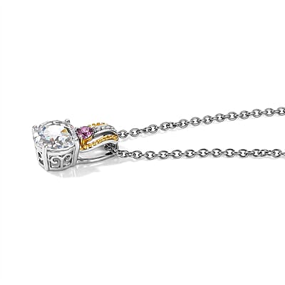 EverTrue Simulated White and Orchid Diamond Pendant in 18K YG Plated and Platinum Bond with Stainless Steel Necklace (20 inches)