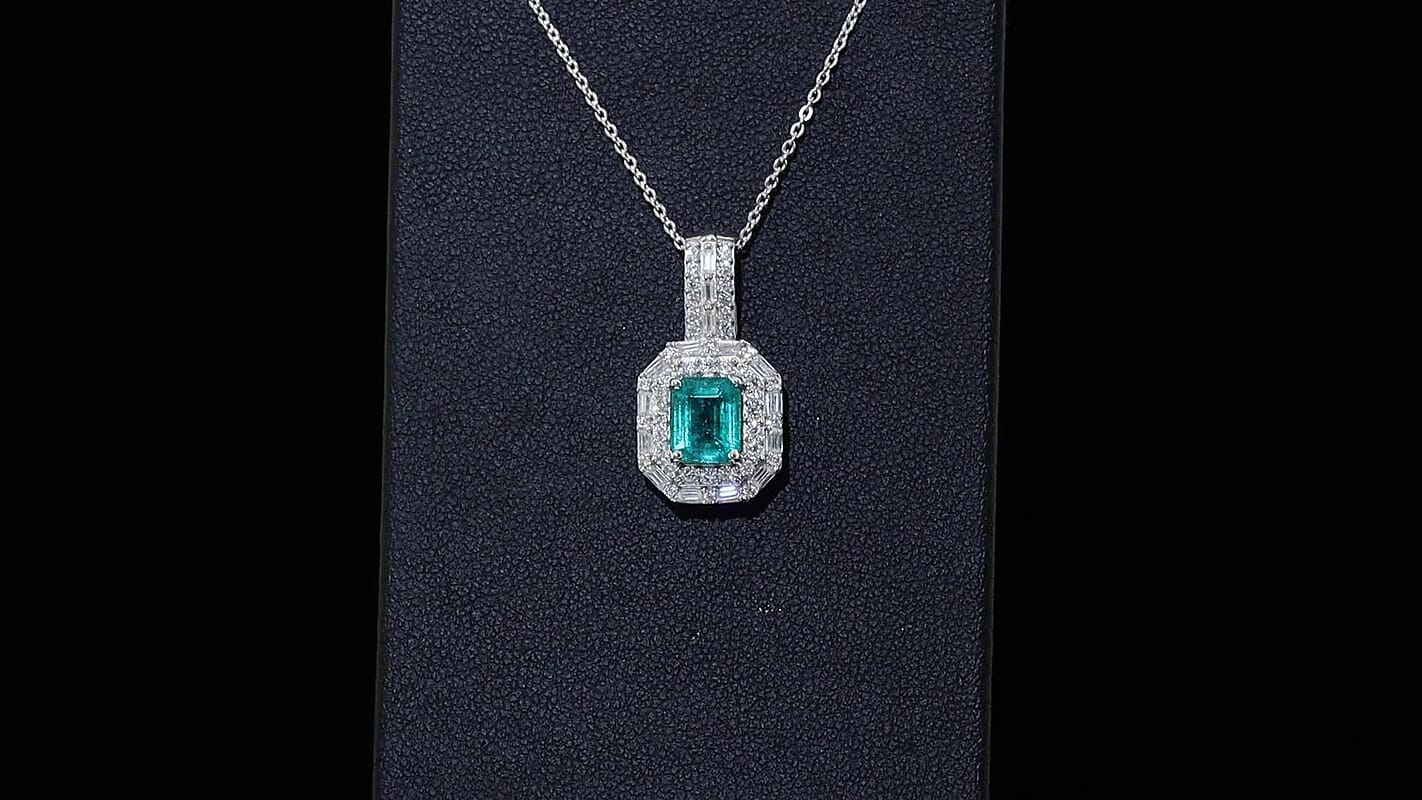 D'Joy Premium Kagem Zambian Emerald, Moissanite Architectural Pendant Necklace (20 Inches) in Rhodium Over Sterling Silver 2.15 ctw 4501375