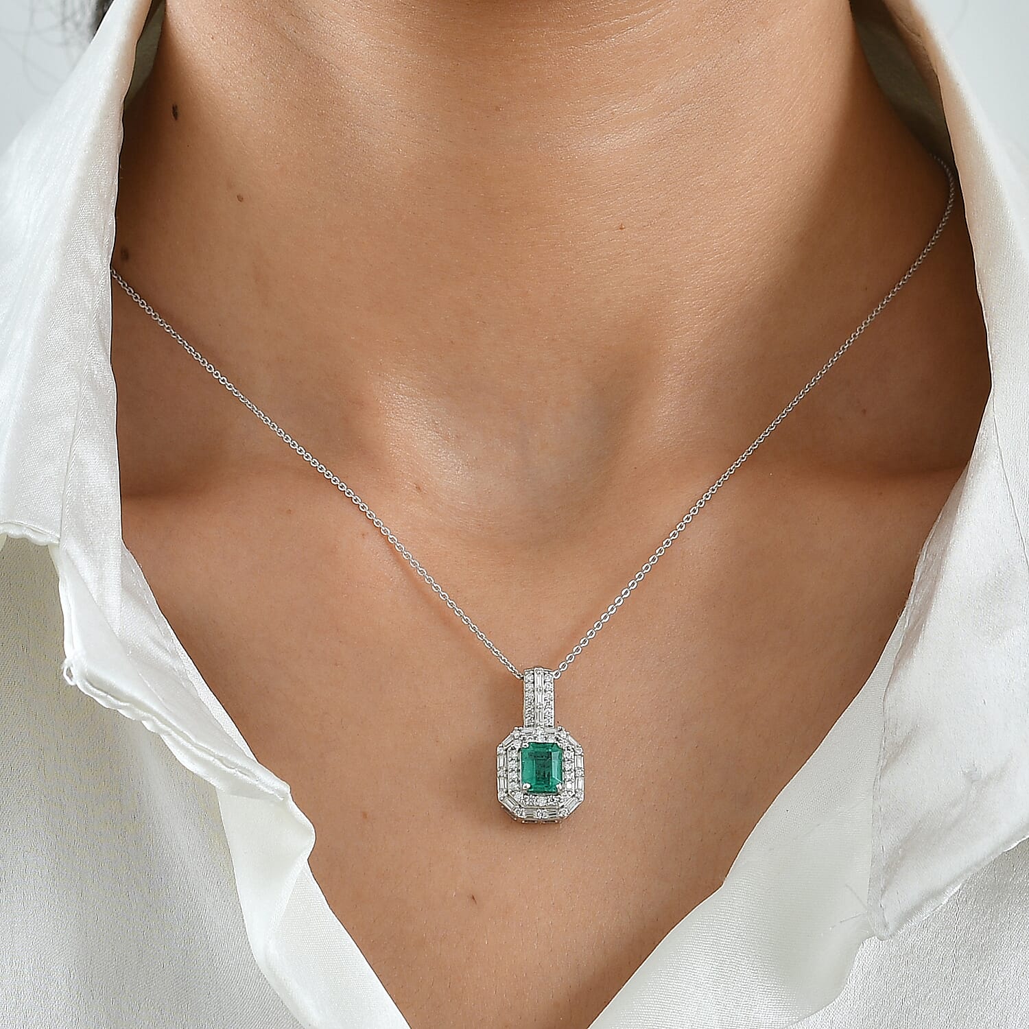 D'Joy Premium Kagem Zambian Emerald, Moissanite Architectural Pendant Necklace