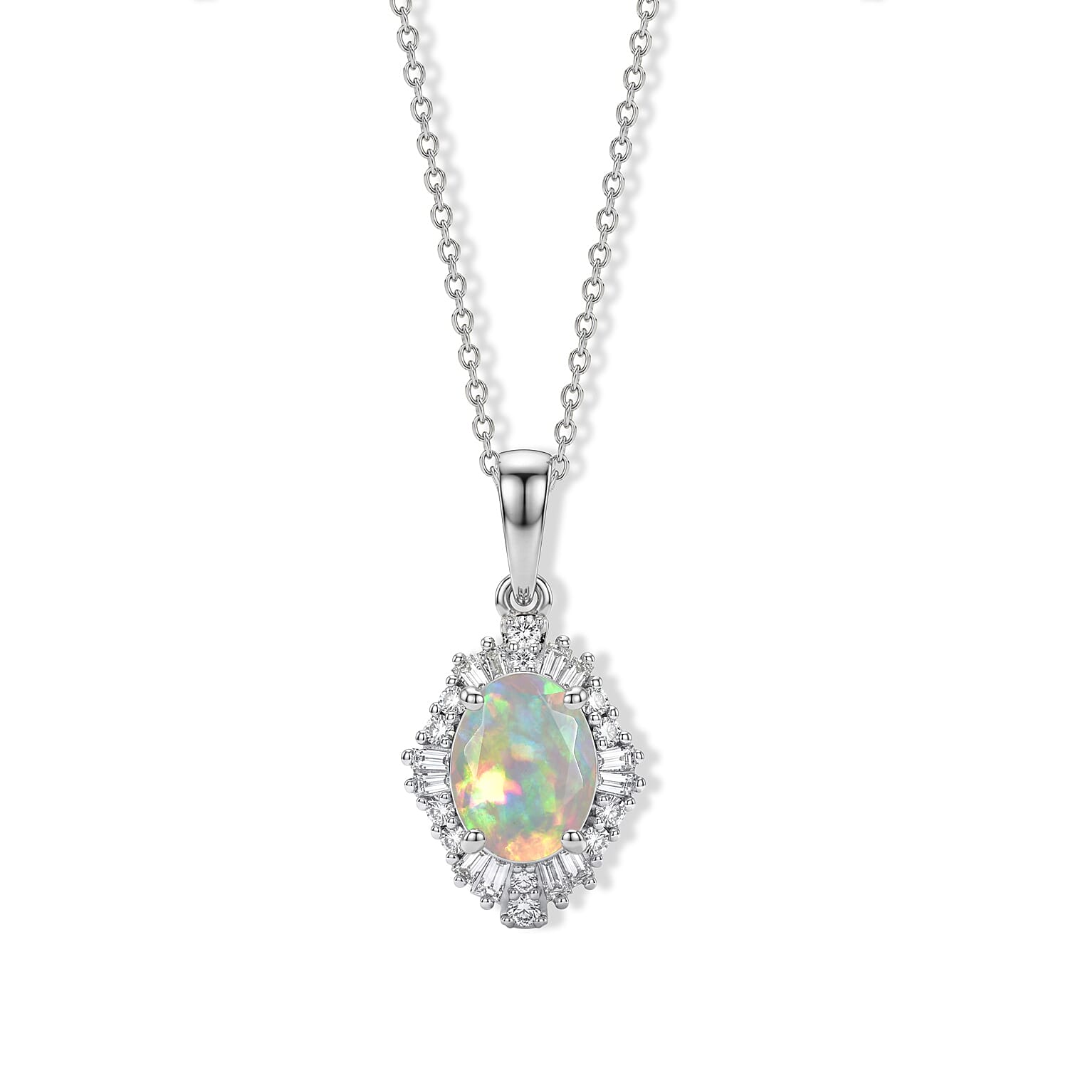 Premium Ethiopian Welo Opal and Luxuriant Lab Grown Diamond G-H SI 1.35 ctw Pendant Necklace in Rhodium Over Sterling Silver 20 Inches