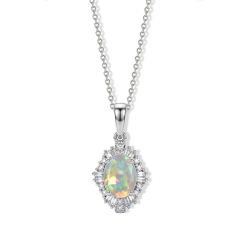 Premium Ethiopian Welo Opal and Luxuriant Lab Grown Diamond G-H SI 1.35 ctw Pendant Necklace in Rhodium Over Sterling Silver 20 Inches