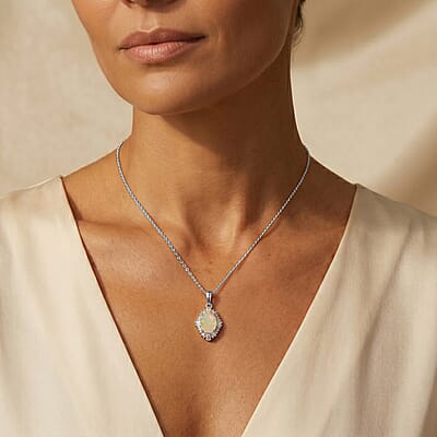 Premium Ethiopian Welo Opal and Luxuriant Lab Grown Diamond G-H SI 1.35 ctw Pendant Necklace in Rhodium Over Sterling Silver 20 Inches