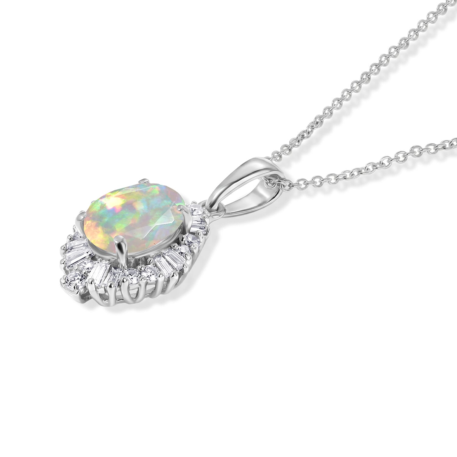 Premium Ethiopian Welo Opal and Luxuriant Lab Grown Diamond G-H SI 1.35 ctw Pendant Necklace in Rhodium Over Sterling Silver 20 Inches