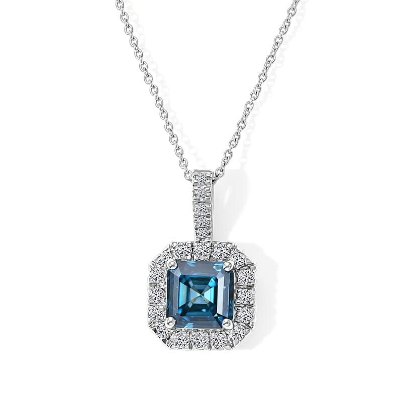 Luxuriant Asscher Cut Lab Grown Blue Diamond (IR) and Lab Grown Diamond VS 2.60 ctw Imperial Blue Pendant Necklace in Rhodium Over Sterling Silver 20 Inches