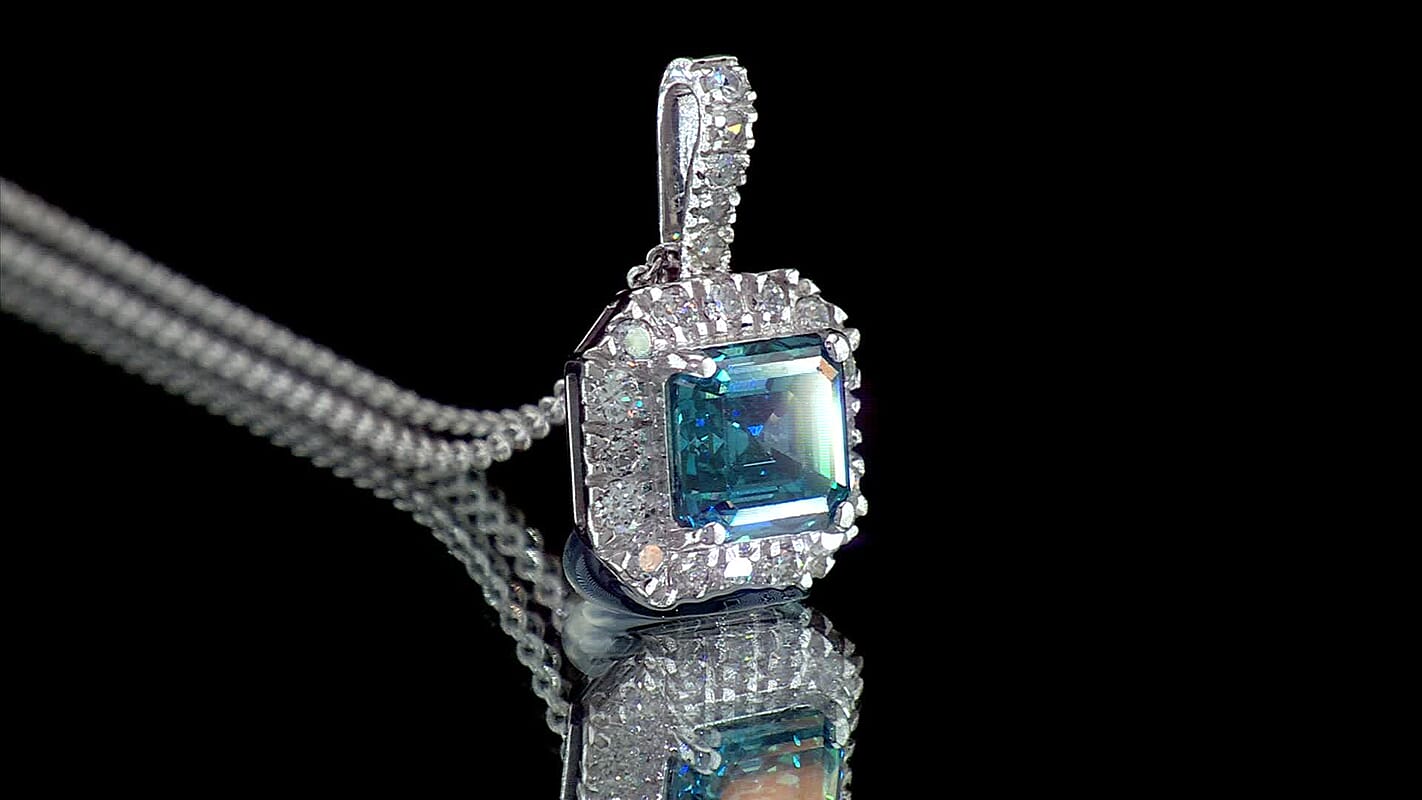 Luxuriant Asscher Cut Lab Grown Blue Diamond (IR), Lab Grown Diamond (VS) Imperial Blue Pendant Necklace (20 Inches) in Rhodium Over Sterling Silver 2.60 ctw