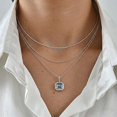 Luxuriant Asscher Cut Lab Grown Blue Diamond (IR) and Lab Grown Diamond VS 2.60 ctw Imperial Blue Pendant Necklace in Rhodium Over Sterling Silver 20 Inches