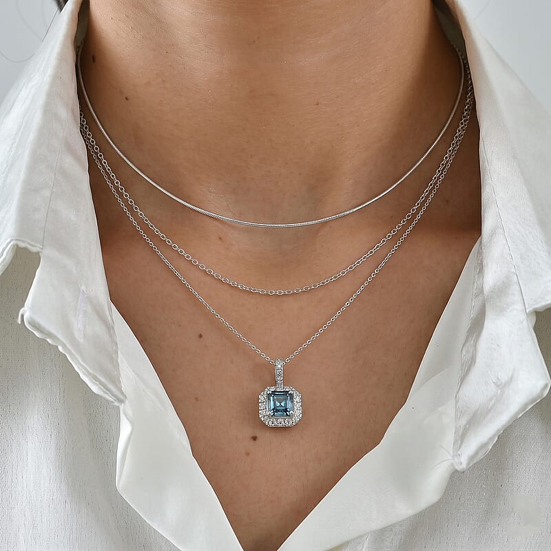 Luxuriant Asscher Cut Lab Grown Blue Diamond (IR) and Lab Grown Diamond VS 2.60 ctw Imperial Blue Pendant Necklace in Rhodium Over Sterling Silver 20 Inches
