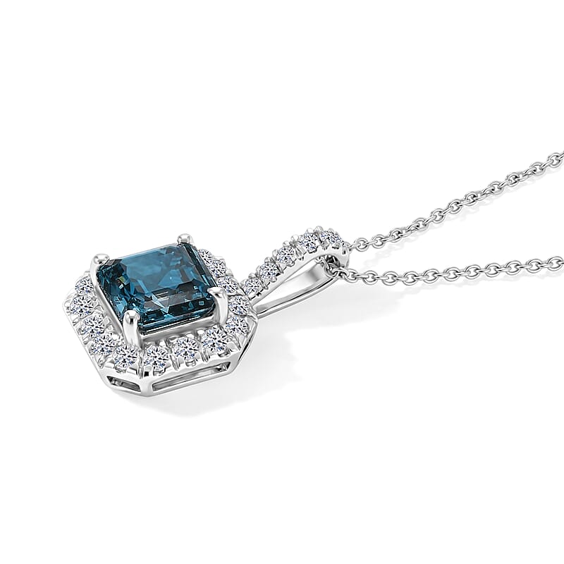 Luxuriant Asscher Cut Lab Grown Blue Diamond (IR) and Lab Grown Diamond VS 2.60 ctw Imperial Blue Pendant Necklace in Rhodium Over Sterling Silver 20 Inches