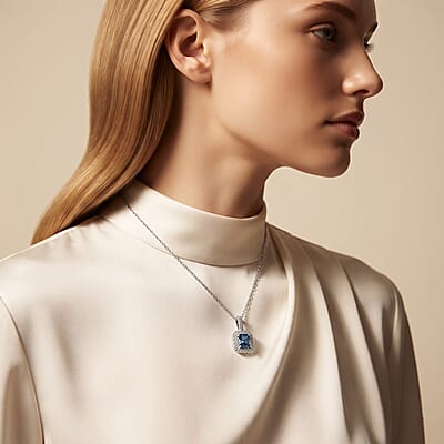Luxuriant Asscher Cut Lab Grown Blue Diamond (IR) and Lab Grown Diamond VS 2.60 ctw Imperial Blue Pendant Necklace in Rhodium Over Sterling Silver 20 Inches