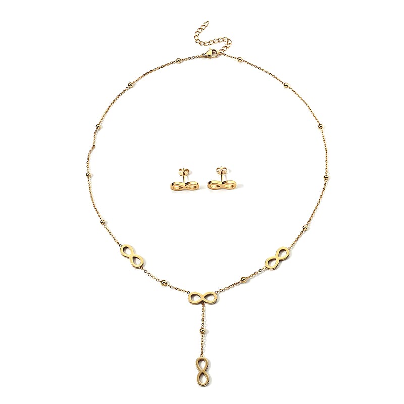 Infinity Necklace 18-19.5 Inches and Earrings in ION Plated YG Stainless Steel