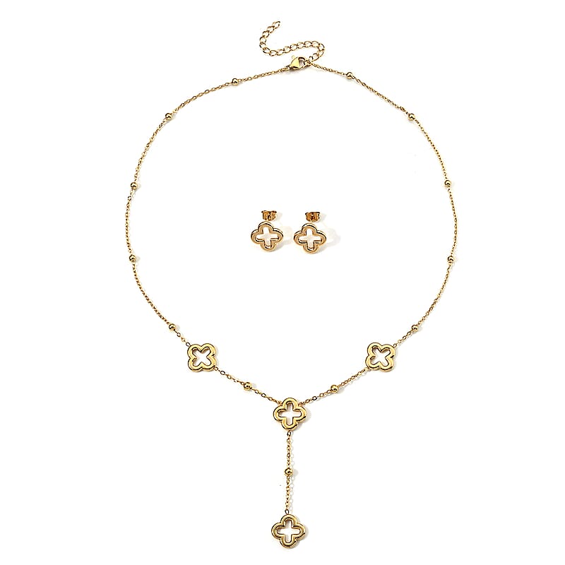 Cross Necklace 17.5-19.5 Inches and Earrings in ION Plated YG Stainless Steel
