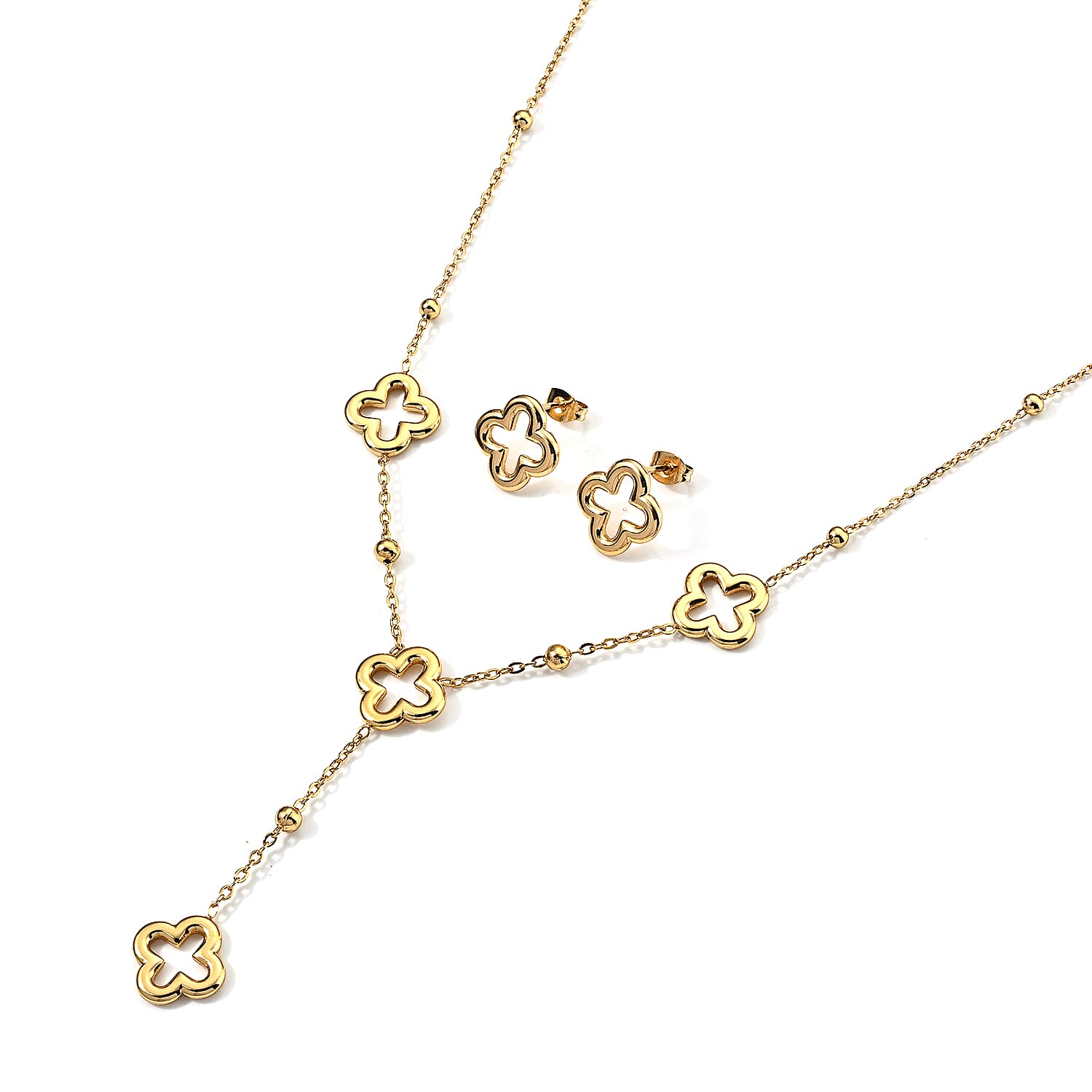 Cross Necklace 17.5-19.5 Inches and Earrings in ION Plated YG Stainless Steel