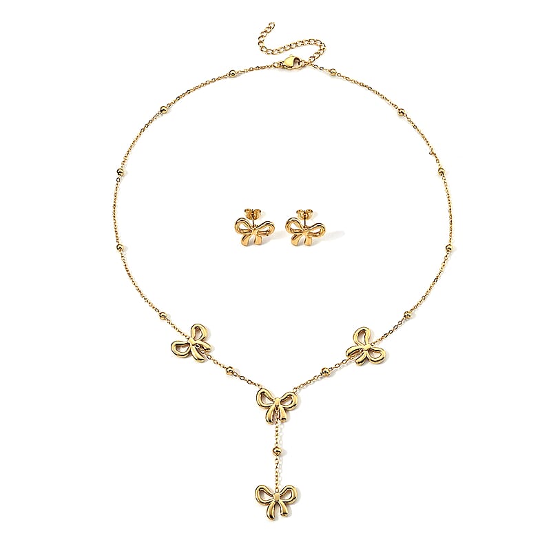Bow Necklace 17.5-19.5 Inches and Earrings in ION Plated YG Stainless Steel