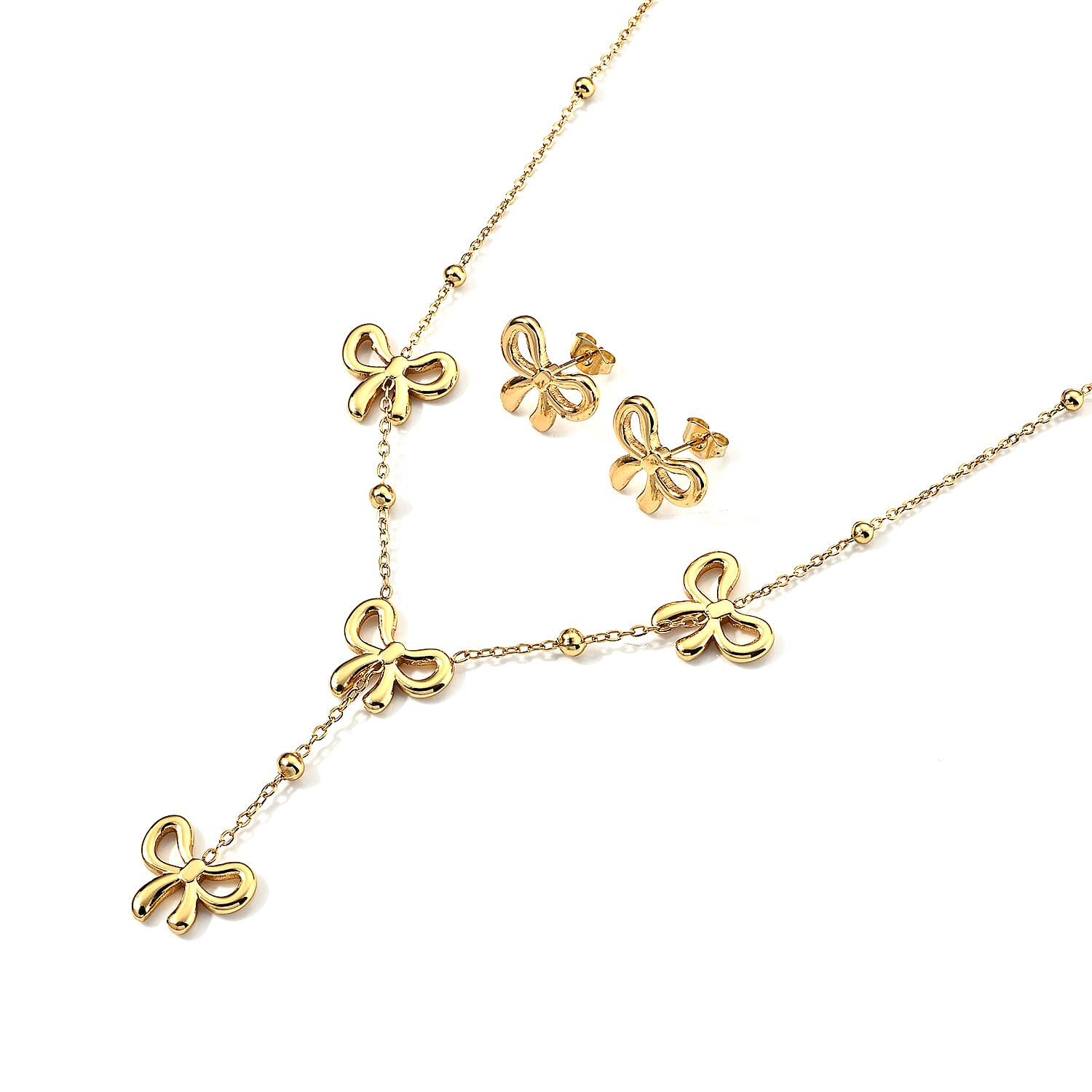 Bow Necklace 17.5-19.5 Inches and Earrings in ION Plated YG Stainless Steel